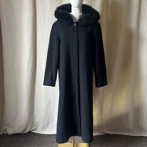 Vintage Kristen Blake Black Wool Cashmere Coat Fox Fur Hooded Coat Size 10P